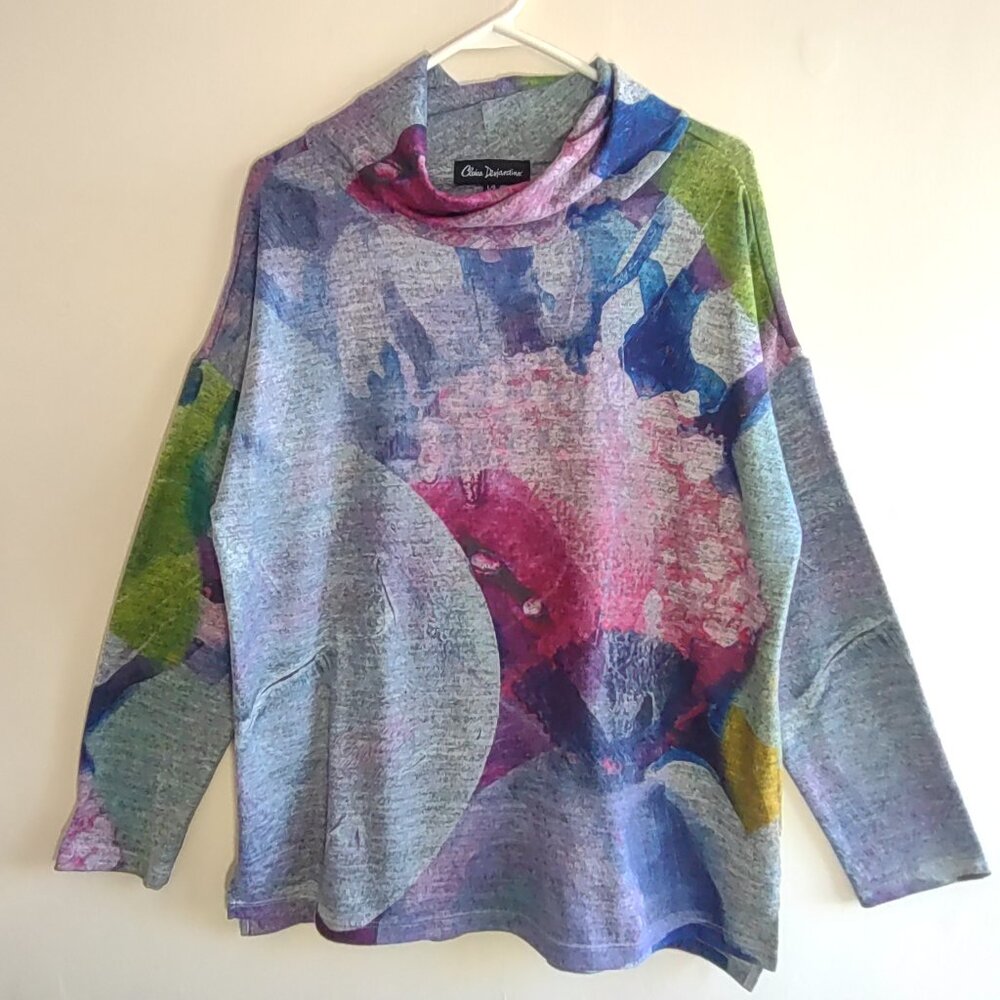 Claire Desjardins Cowl Neck Tunic Top Artsy Watercolor Abstract Florals Sz Large - Picture 2 of 8